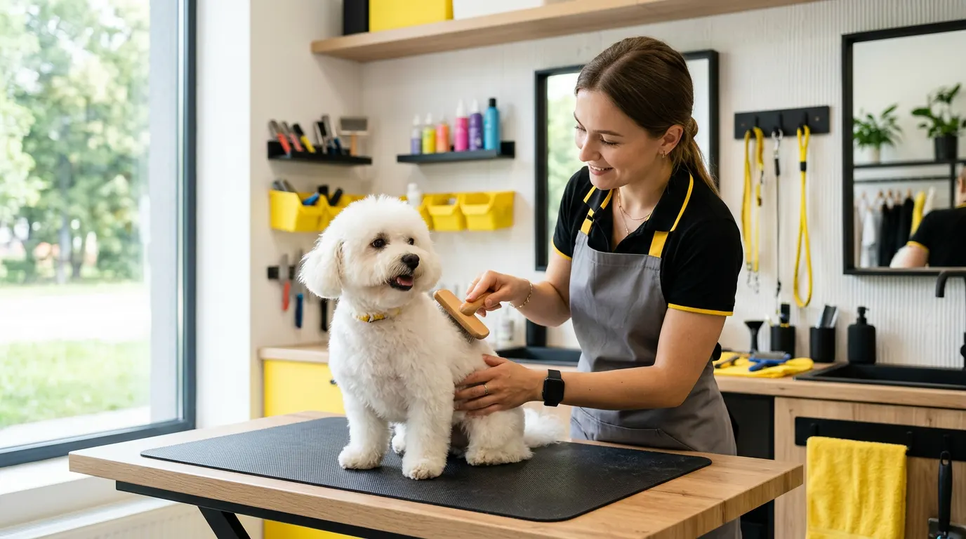 A groomer gently brushes a small white dog